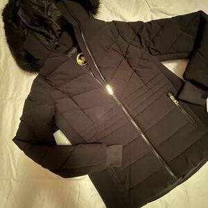 Michael Kors Black Quilted Puffer Jacket with Faux-Fur Hood NWT